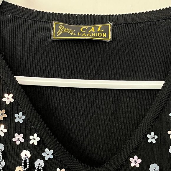 Cal Fashion VTG black floral sequin beaded blouse size small statement piece - Picture 6 of 7